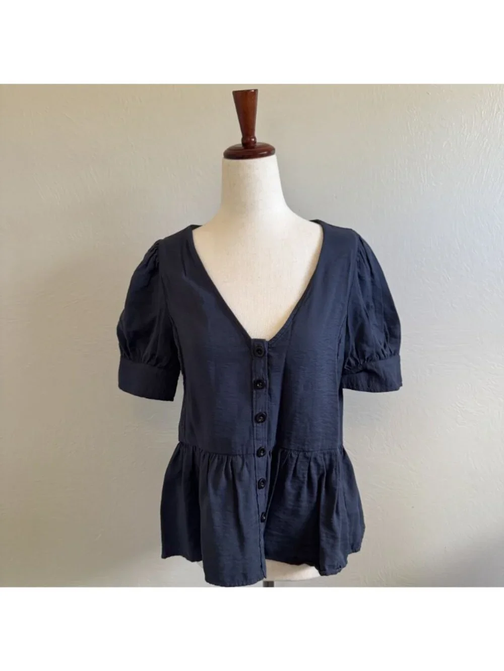 Madewell V-Neck Button-Front Peplum Top Short Puff Sleeve Blouse Blue Size S